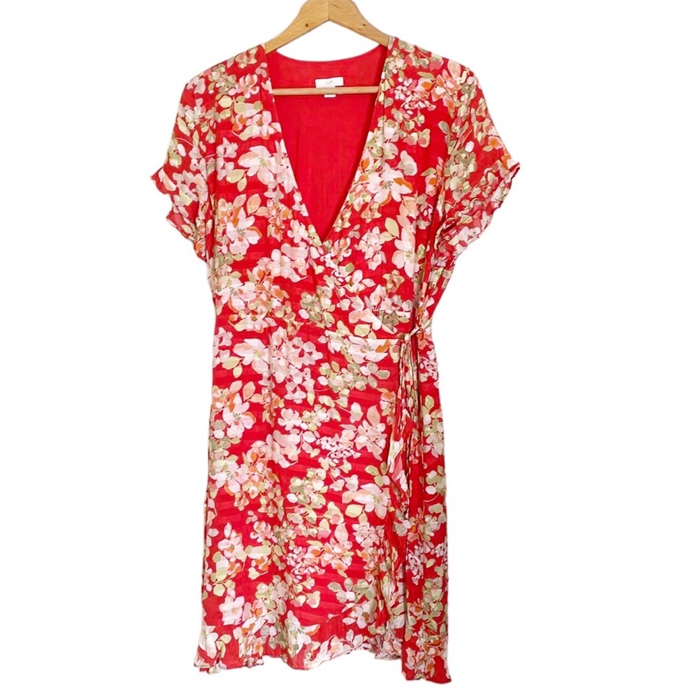J. Jill Floral Ruffled Flutter Sleeve Papaya Red Wrap Mini Summer dress size M